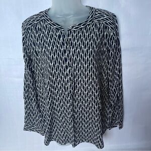 LOFT Black and Off White Geometric Long Sleeve Blouse